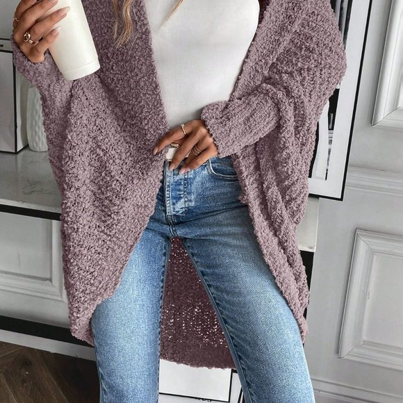 Purple Casual Womens Batwing Sleeve Open Front Cardigan - Picture 4 of 5